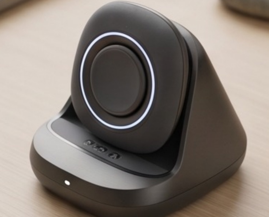 The pendant standing on its magnetic charging dock, the ring lit.