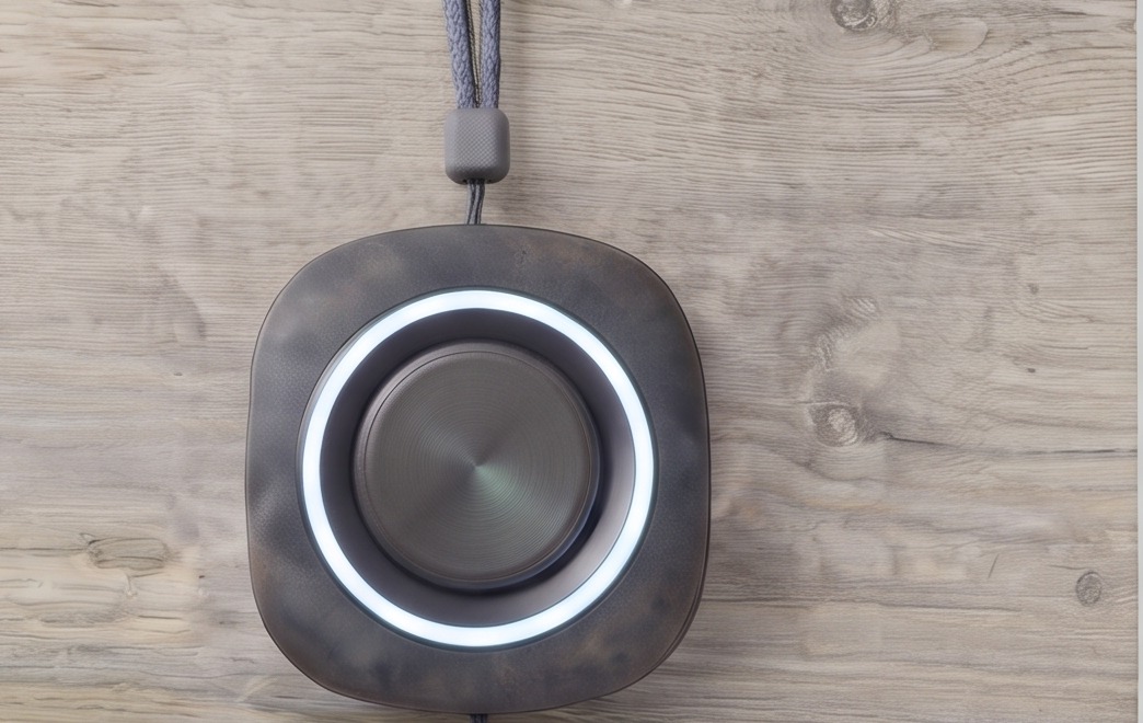 The pendant on a table, its ring lit white.